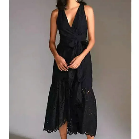 Anthropologie Maeve 6 NWT Eyelet Wrap Midi Dress Black $180 Pockets Cocktail - Picture 2 of 6